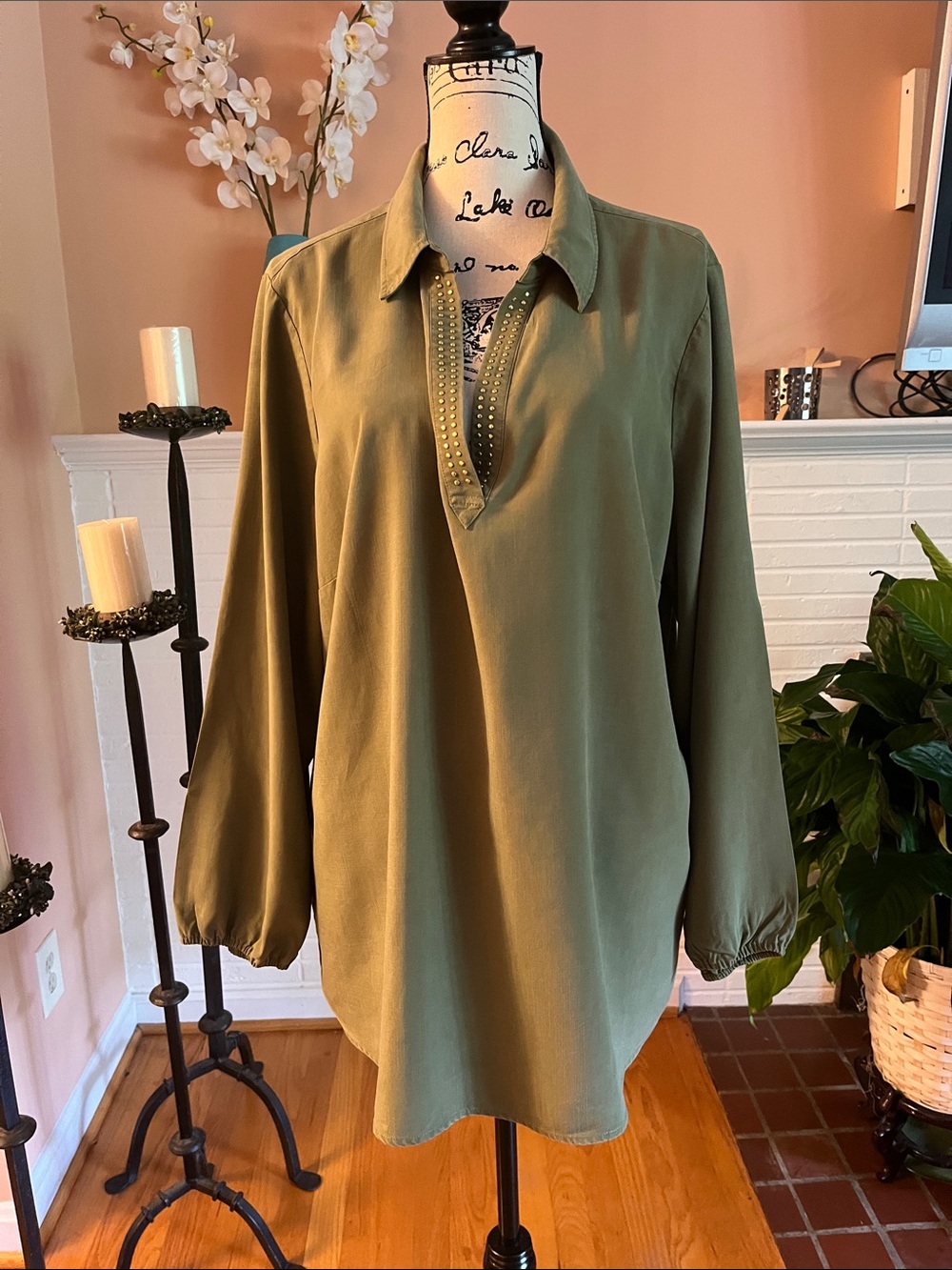 Women's Olive Green Long-Sleeve Stud-Trim Tunic